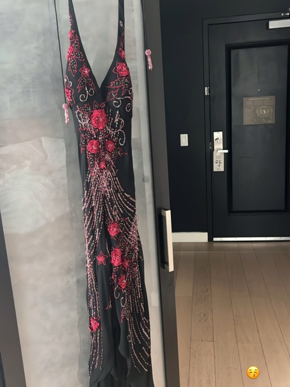 Vintage Sue Wong Black Evening Gown with Red Beaded Accents